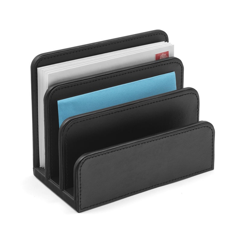 OSCO Black Faux Leather Letter Holder | Mail Sorter | Post Rack | Envelope Organiser | Document Stand | Desk File Storage | Display Slots | H14 x W17.5 D10 cm | - Image 2